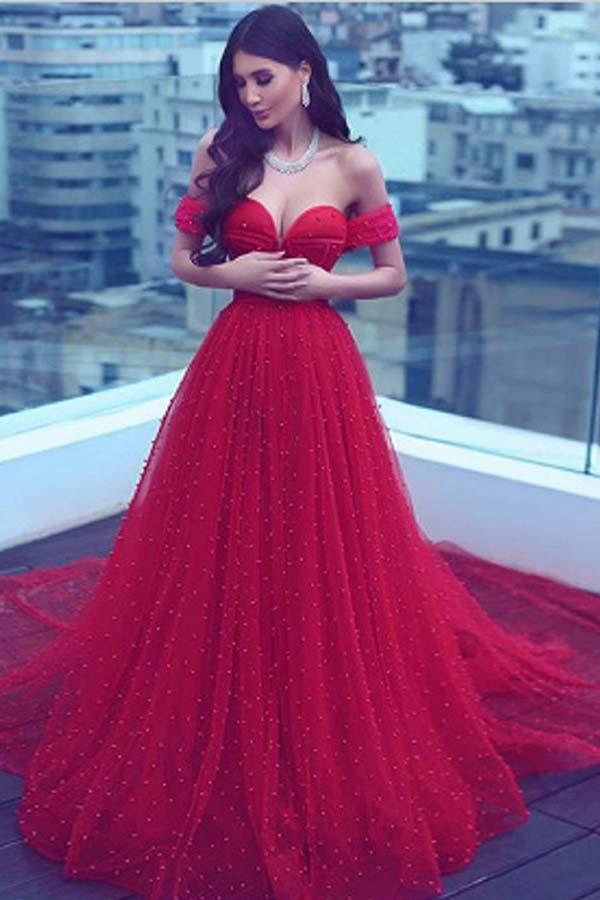 Red off fashion the shoulder prom dress uk