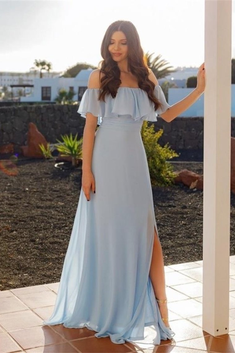 Buy Flowy Light Sky Blue Chiffon Long Prom Dresses Elegant Wedding Party Dresses Online Jolilis