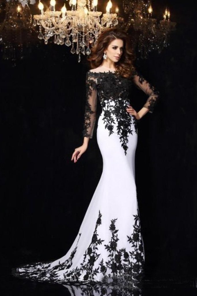 Buy Elegant White Black Lace Appliques Mermaid Long Sleeves Satin Prom  Dresses UK JS516 Online – Jolilis