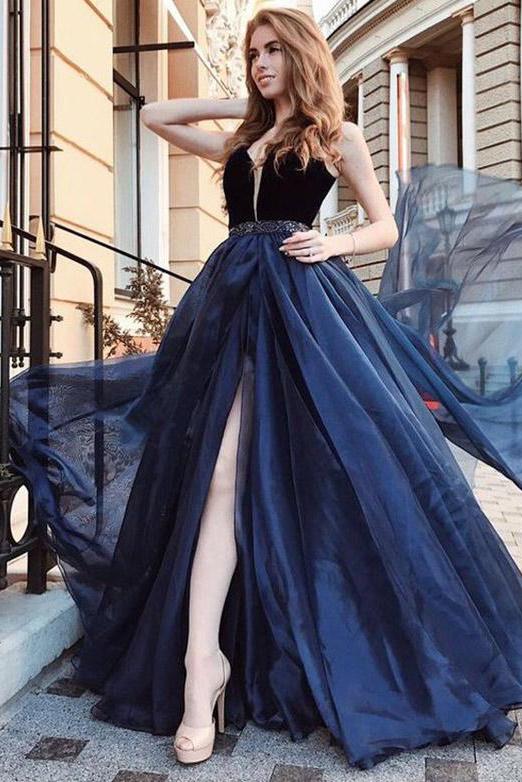 Buy Elegant Deep V Neck Tulle Long Prom Dress With Beading Navy Blue  Evening Gowns JS738 Online – Jolilis