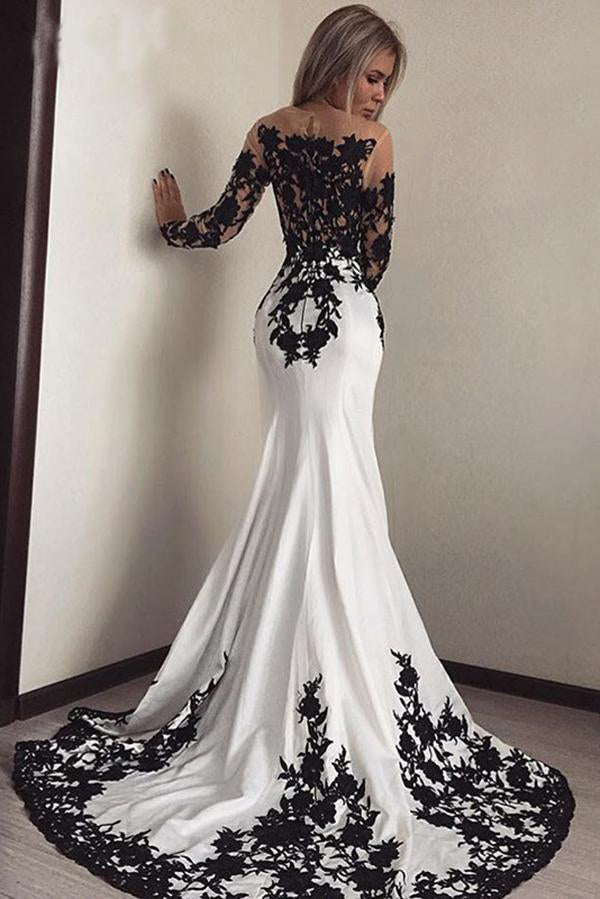 Buy Elegant White Black Lace Appliques Mermaid Long Sleeves Satin Prom Dresses UK JS516 Online Jolilis