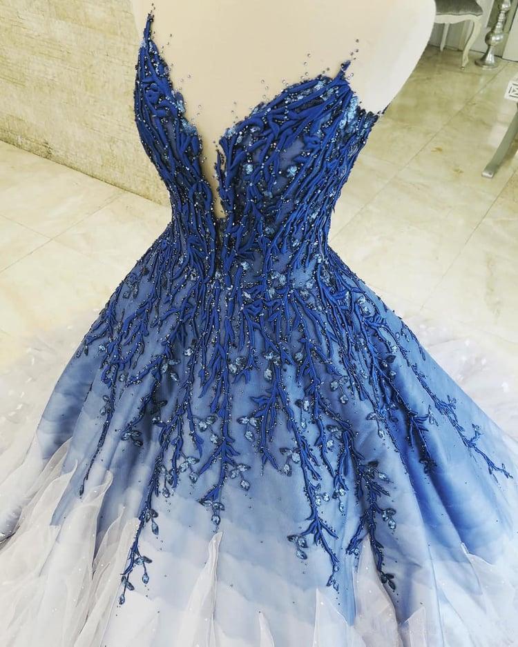 Buy Ombre Ball Gown Royal Blue Prom Dresses With Appliques Long V Neck Quinceanera Dresses SJS15275 Online Jolilis