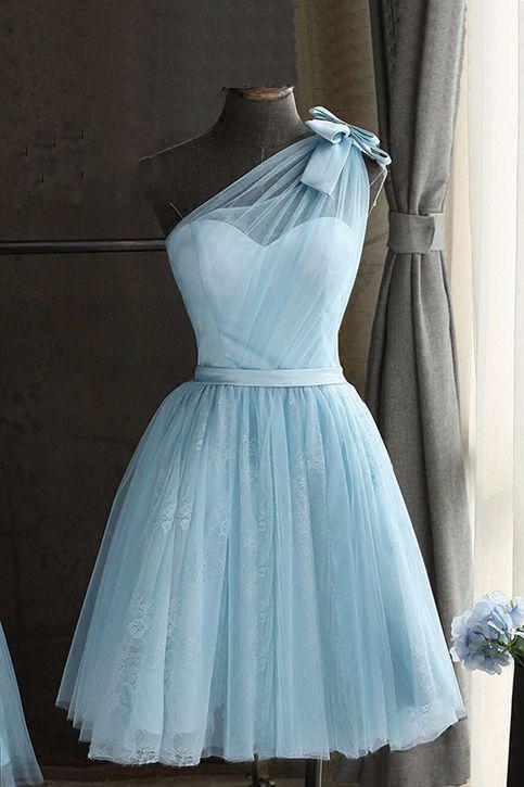 Strapless Short Tulle Baby Blue Prom Gown With Crystal Lace #B030 