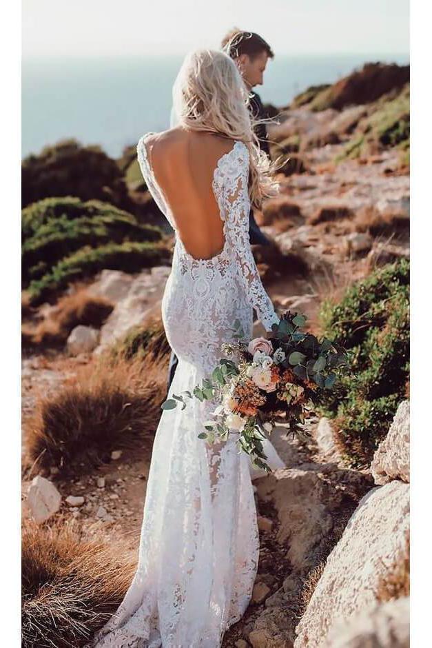 A-line V-neck Long Sleeves Sparkly Wedding Dress QW2672