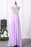 Scoop Cap Sleeves Prom Dresses Chiffon With Applique Floor Length