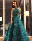 Unique A Line Green Halter Beading Satin Long Prom Dresses, Cheap Evening Dresses SJS15451