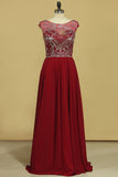 Burgundy Prom Dresses A-Line Scoop Floor-Length Chiffon Beaded Bodice