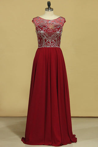 Burgundy Prom Dresses A-Line Scoop Floor-Length Chiffon Beaded Bodice