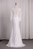 V Neck Long Sleeves Lace Mermaid Wedding Dresses Open Back Sweep Train