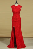 Prom Dresses Sheath Scoop Lace With Applique And Beads Sweep Train