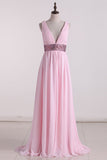 A Line Prom Dresses V Neck Chiffon With Beads And Ruffles