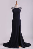 Scoop Sheath Spandex With Beading & Slit Sweep Train Prom Dresses