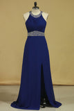 Prom Dresses Halter Chiffon A Line Open Back Sweep Train