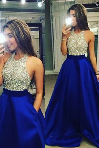 Dark Royal Blue Open Back Halter Prom Dresses Beaded Bodice Satin Floor-Length