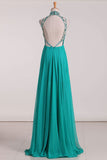 Sexy Open Back High Neck Prom Dresses A Line Chiffon With Beads