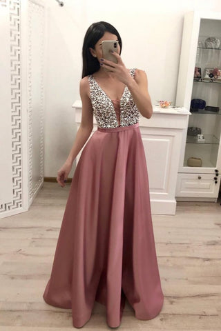 Prom Dress V Neck Satin With Beads And Sequins Floor Length