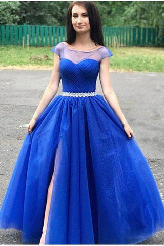 Round Neck Cap Sleeves Prom Dresses Tulle Beading Belt With Slit