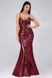 Sexy Spaghetti Straps Burgundy Sequins V Neck Party Dresses Mermaid Prom Dresses SJS15358