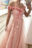 Princess A-line 3D Flowers Off the Shoulder Tulle Glitter Prom Dresses, Sweetheart Dance Dress SJS15287