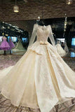 Satin Wedding Dresses Long Sleeves A Line With Beads Rhinestones Bow Knot