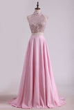 Two-Piece High-Neck Beaded Bodice Taffeta Prom Dresses