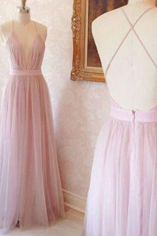 Simple A-line V-neck Long Pink Prom Dress with Criss Cross Back Prom Dresses JS783