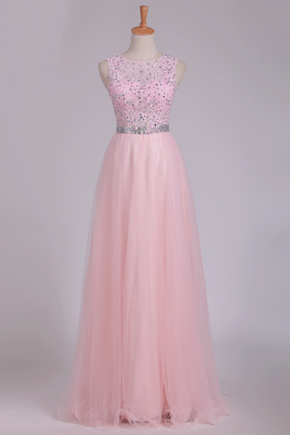 Prom Dresses A Line Scoop Beaded Bodice Floor Length Tulle