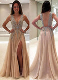 A line Tulle V Neck Pink Prom Dresses Long Backless Evening Dresses