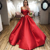 Red Ball Gown Off the Shoulder V Neck Satin Prom Dresses, Evening SJS20432