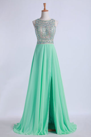 Tow-Tone Bateau Open Back Prom Dresses A-Line Beaded Bodice With Slit Chiffon