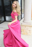 Beautiful Fuchsia 2 Pieces Lace Beading Satin Long Prom Dresses