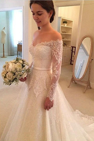 Wedding Dresses A Line Long Sleeves Tulle With Applique And Sash