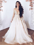 Elegant Illusion Neck Long Sleeves Tulle Wedding Dress with Appliques Bridal Dress JS633