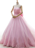 Pink Tulle Strapless With Bowknot Sleeveless Appliques Ball Gown Wedding Dresses