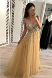 Simple A Line Tulle Beads V Neck Straps Backless Prom Dresses Long Evening Dresses JS681