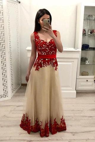 A line Tulle Red Lace Appliques V Neck Prom Dresses with Tulle Long Evening Dresses JS727