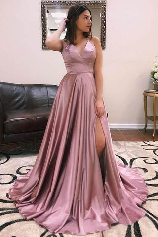 A Line V Neck Satin Lace up Dusty Rose High Slit Prom Dresses Long Evening Dresses JS699