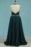 Sheath Prom Dresses Halter With Beads Satin Sweep/Brush Train