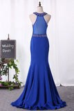 Satin Scoop Mermaid Prom Dresses With Beading Sweep Train