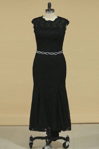 Scoop Lace Mermaid Prom Dresses Beaded Waistline Sweep Train