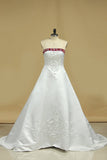 Hot Selling Wedding Dresses A Line Strapless Sweep/Brush Train Satin