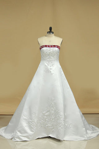 Hot Selling Wedding Dresses A Line Strapless Sweep/Brush Train Satin