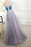 Elegant Tulle Long Vintage Sleeveless Sweetheart Strapless Blue Lace-up Prom Dresses JS778