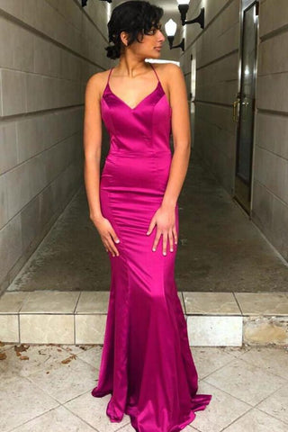 Criss Cross Cowl Back Mermaid Fuchsia Prom Dress