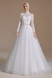 A-Line Lace Appliques Long Sleeve Tulle Chapel Train Wedding Dresses