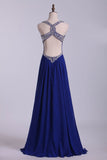 Prom Dresses Halter Open Back A Line Chiffon With Rhinestone Dark Royal Blue