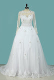 A Line Scoop Wedding Dresses Long Sleeves Tulle With Applique & Beading Detachable Skirt Chapel Train