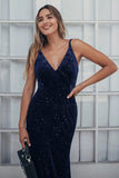 V-Neck Spaghetti Straps Velvet Dark Navy Blue Mermaid Evening Dress, Prom Dresses SJS15480