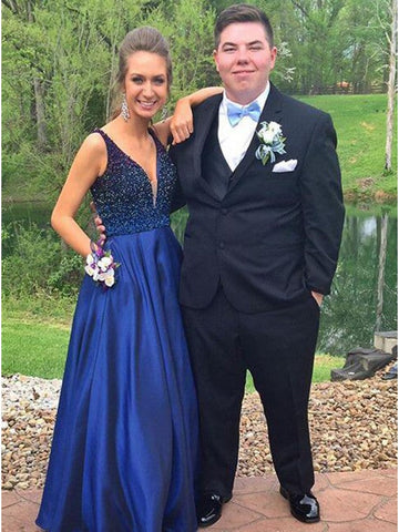 Hot Selling V-neck Floor-Length Royal Blue Prom Dress with Beading JS601