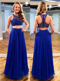 Stunning Two Piece Jewel Sleeveless Floor-Length Royal Blue Prom Dress with Beading JS598